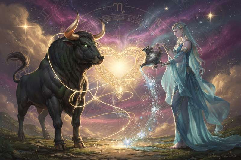 Astrologisches Rad mit Stier- und Wassermann-Symbolen, die sich gegenüber stehen und die Spannung zwischen Erdzeichen und...