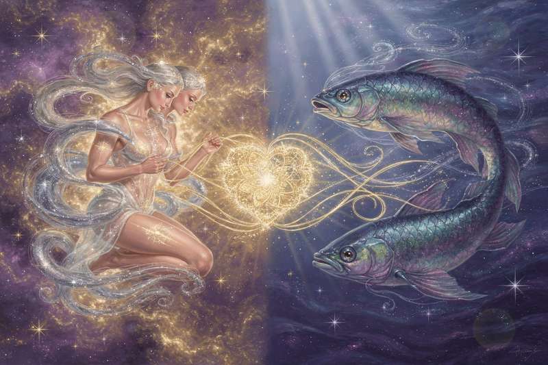 Astrologisches Kompatibilitätskonzept zwischen dem luftigen Zwillinge-Zeichen und dem wasserelement Fische-Zeichen.