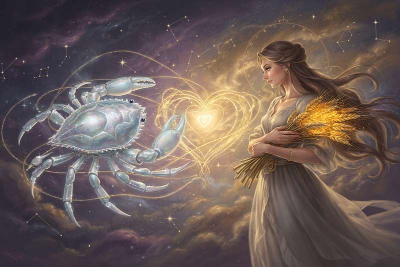 Zwei Sternzeichen-Symbole nebeneinander, die emotionale Tiefe und analytische Klarheit in einer astrologischen...