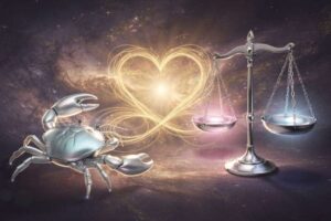 Astrologisches Symbolbild mit den Sternzeichen Krebs und Waage, das die emotionale Tiefe des Wassermanns und die...