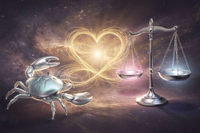 Astrologisches Symbolbild mit den Sternzeichen Krebs und Waage, das die emotionale Tiefe des Wassermanns und die...