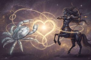 Astrologische Darstellung der Kompatibilität zwischen dem Wasserzeichen Krebs und dem Feuerzeichen Schütze.