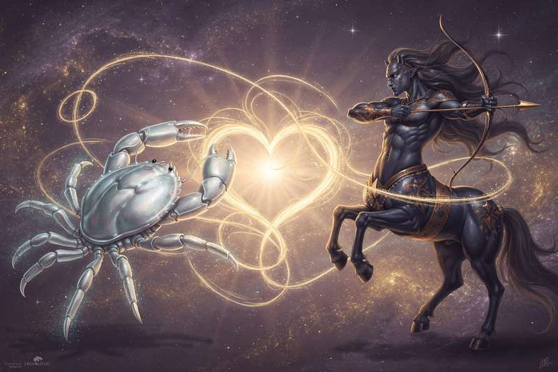Astrologische Darstellung der Kompatibilität zwischen dem Wasserzeichen Krebs und dem Feuerzeichen Schütze.