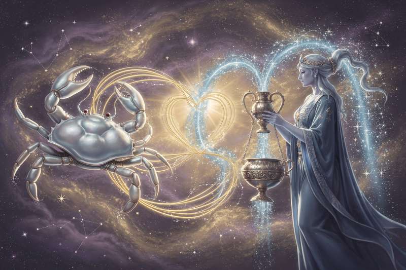 Astrologisches Schaubild zeigt die Kompatibilität zwischen dem Wasserzeichen Krebs und dem Luftzeichen Wassermann mit...