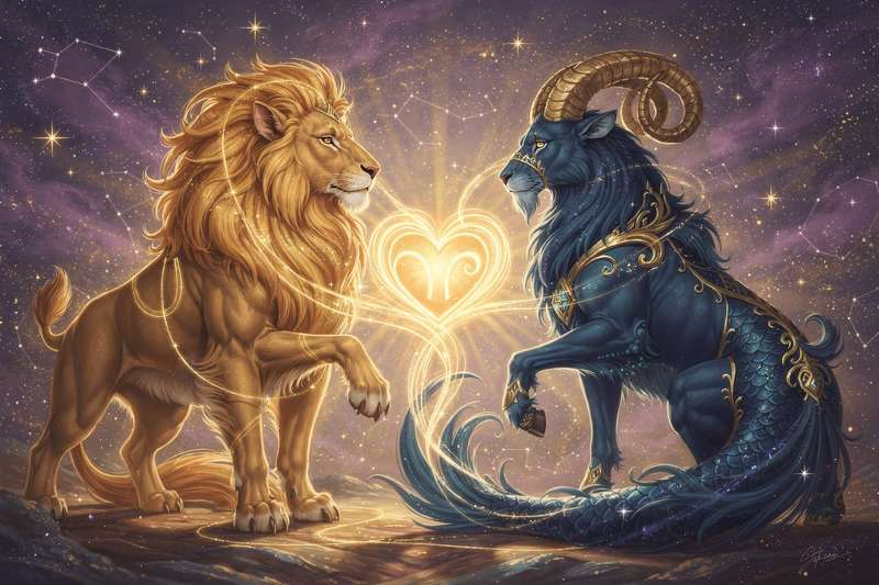 Astrologisches Symbole für Löwe und Steinbock zeigen die Gegensätze zwischen dem leidenschaftlichen Feuerzeichen und dem...