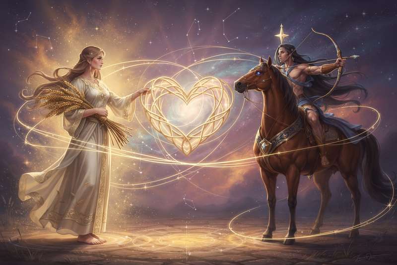Astrologisches Symbole zeigen die Tierkreiszeichen Jungfrau und Schütze in einer harmonischen Anordnung, die ihre...