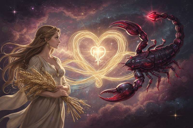 Astrologisches Symbolbild zeigt die Tierkreiszeichen Jungfrau und Skorpion in harmonischer Konstellation nebeneinander.