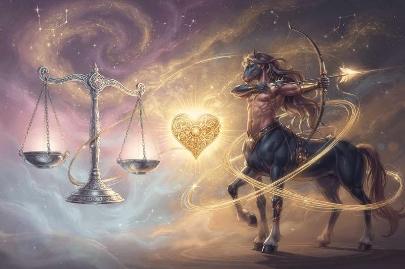 Astrologisches Partnerschaftsporträt zwischen dem luftigen Sternzeichen Waage und dem feurigen Schützen mit symbolischen...