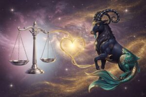 Astrologisches Symbolbild mit den Sternzeichen Waage und Steinbock, das die Verbindung zwischen Luft- und Erdelement visualisiert.