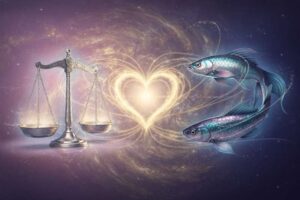 Symbolische Darstellung der Sternzeichen Waage und Fische mit ihren charakteristischen Elementen Luft und Wasser in...