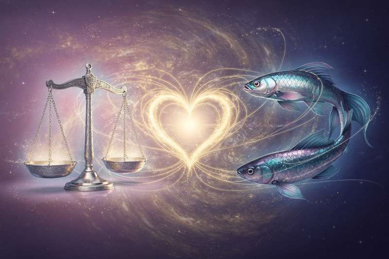 Symbolische Darstellung der Sternzeichen Waage und Fische mit ihren charakteristischen Elementen Luft und Wasser in...