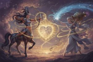 Astrologisches Schaubild zeigt die Kompatibilität zwischen dem Feuerzeichen Schütze und dem Luftzeichen Wassermann mit...