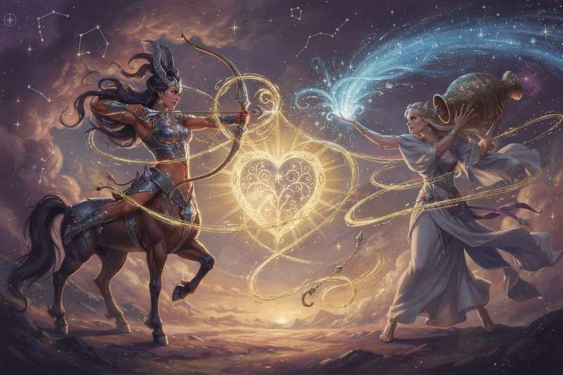 Astrologisches Schaubild zeigt die Kompatibilität zwischen dem Feuerzeichen Schütze und dem Luftzeichen Wassermann mit...