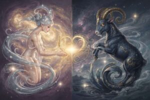 Astrologisches Kompatibilitätsdiagramm zeigt die gegensätzlichen Charakterzüge von Zwillinge und Steinbock im Horoskop.