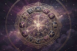 Widder, Stier, Löwe und Skorpion bilden ein Mandala mit geometrischen Mustern und kosmischen Symbolen auf dunklem Hintergrund.
