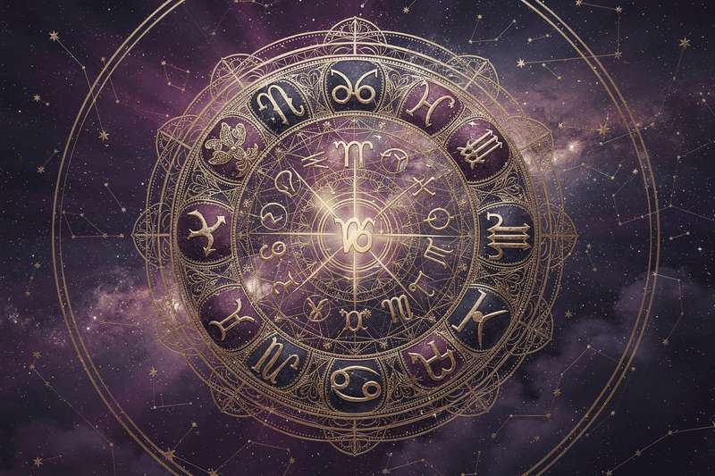 Widder, Stier, Löwe und Skorpion bilden ein Mandala mit geometrischen Mustern und kosmischen Symbolen auf dunklem Hintergrund.