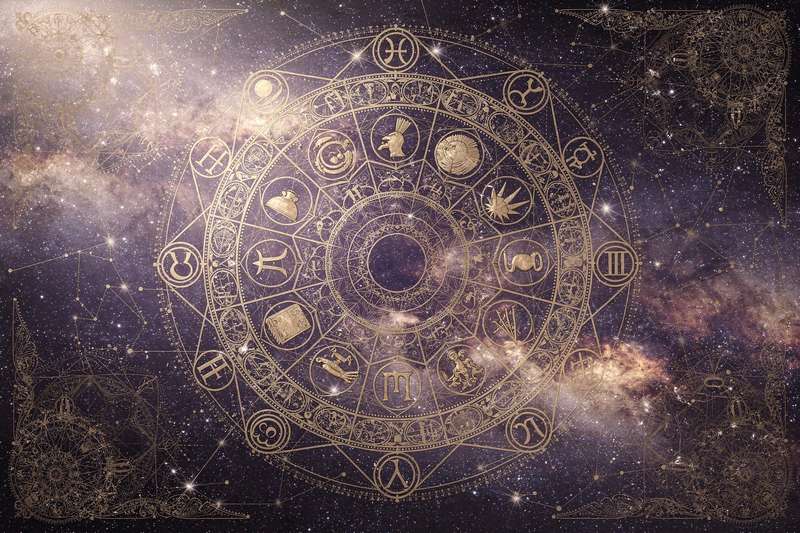 Astrologisches Schaubild zeigt die geometrischen Winkelbeziehungen zwischen Sonne und Mond in einem Geburtshoroskop.