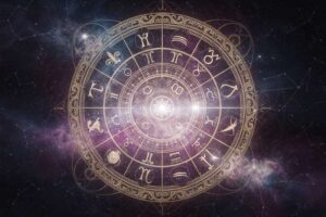 Astrologisches Geburtshoroskop zeigt harmonische Winkelbeziehungen zwischen Planeten, die angeborene Fähigkeiten und mühelose...