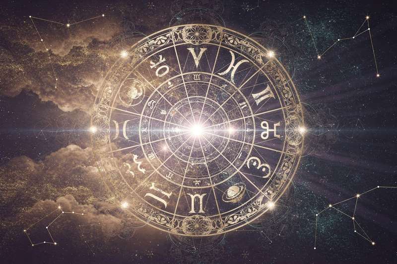 Symbolische Darstellung der Mondknoten-Achse zwischen Zwillinge und Schütze mit Elementen für Austausch, Lernprozesse und...