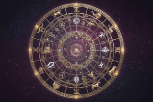 Bewegte Sternenkonstellation mit leuchtenden Planeten und Tierkreiszeichen, die die kosmischen Einflüsse auf einen...