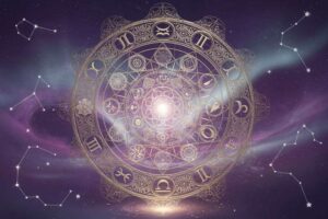 Die vier astrologischen Elemente Feuer, Erde, Luft und Wasser werden in einem farbenfrohen Diagramm mit ihren Entsprechungen...