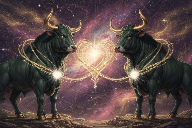 Zwei Stier-Tierkreiszeichen umgeben von Herzen und harmonischen Energiesymbolen, die eine romantische Verbindung darstellen.