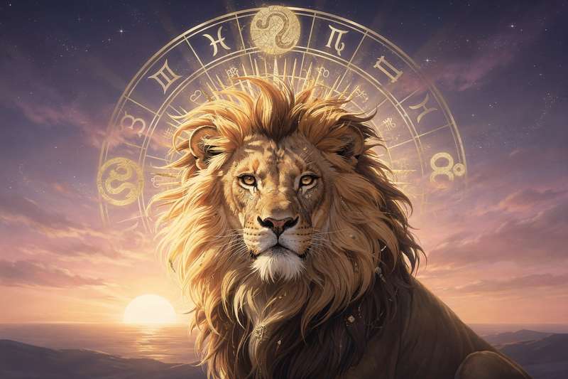 Löwe-Sternzeichen mit Juni-Kalender und astrologischen Symbolen im Hintergrund.