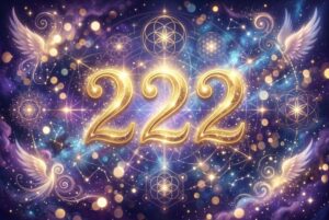Drei leuchtende Zahlen 222 vor mystischem Hintergrund symbolisieren göttliche Führung und innere Harmonie.