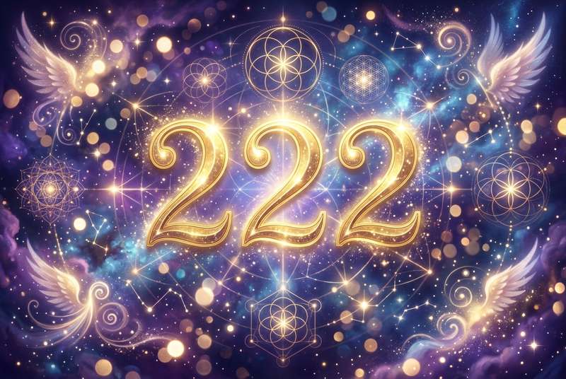 Drei leuchtende Zahlen 222 vor mystischem Hintergrund symbolisieren göttliche Führung und innere Harmonie.