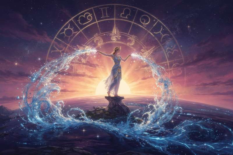 Wassermann-Sternzeichen mit Juni-Kalender und astrologischen Symbolen zur monatlichen Vorhersage.