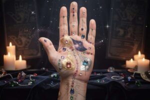 Eine Hand mit markierten Handlinien und den sieben Hügeln der Chiromantie, die verschiedene Lebensaspekte symbolisieren.