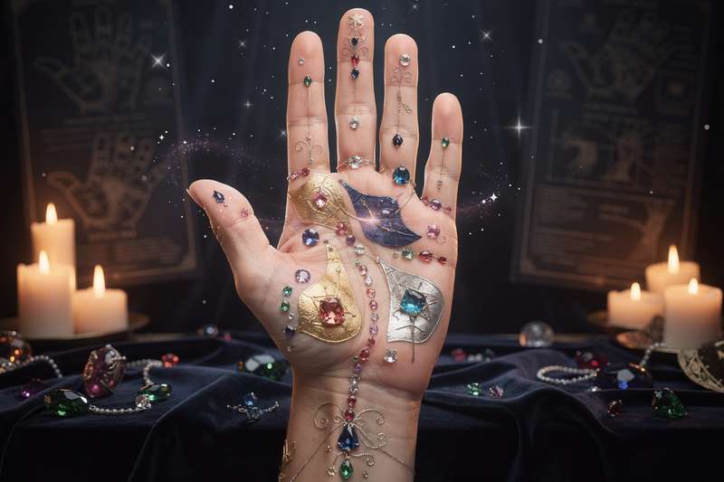 Eine Hand mit markierten Handlinien und den sieben Hügeln der Chiromantie, die verschiedene Lebensaspekte symbolisieren.