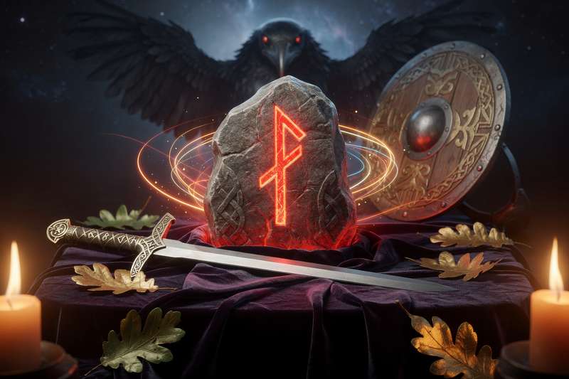 Antike Tiwaz-Rune mit aufrechtem Pfeilsymbol auf strukturiertem Hintergrund, darstellend die germanische Symbologie für Mut...