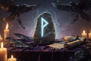 Alte nordische Rune mit dreieckiger Form und vertikalen Linien auf strukturiertem Hintergrund.