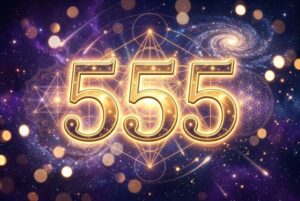 Grafische Darstellung der Engelszahl 555 mit leuchtenden Zahlen und mystischen Symbolen, die positive Veränderungen und...