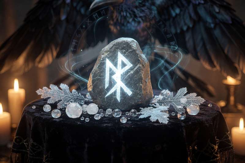 Antike Runenstein mit der Hagalaz-Rune eingraviert, dargestellt in mystischer Atmosphäre mit dramatischen Lichtverhältnissen.