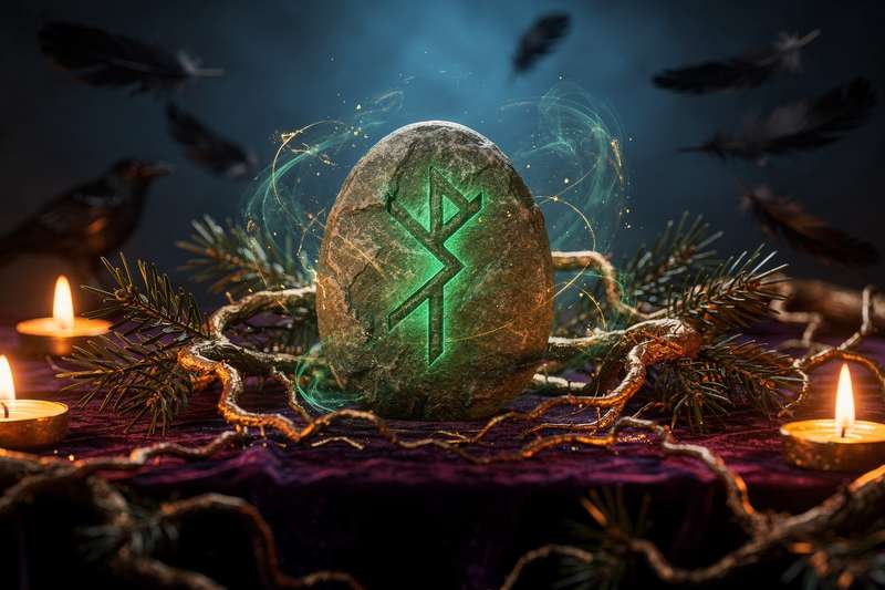 Antike Eihwaz-Rune in Stein gemeißelt mit dem Symbol des Eibenbaums, das Ausdauer und Transformation darstellt.