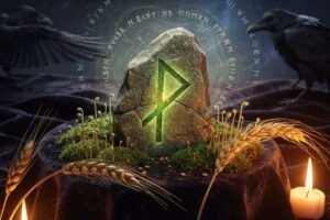 Ingwaz-Rune mit geometrischen Linien dargestellt, Symbol für innere Energie und natürliche Entwicklung.