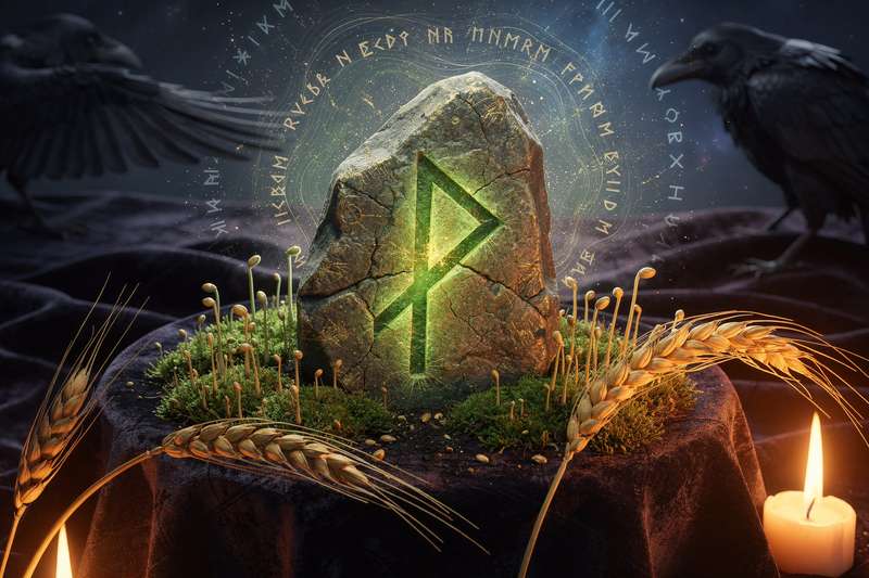 Ingwaz-Rune mit geometrischen Linien dargestellt, Symbol für innere Energie und natürliche Entwicklung.