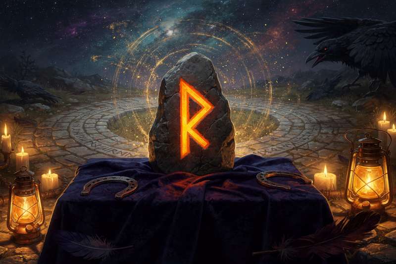 Antike Runen Symbol auf strukturiertem Hintergrund mit Fokus auf die Raidho Rune, die für Reisen und Lebensveränderungen steht.