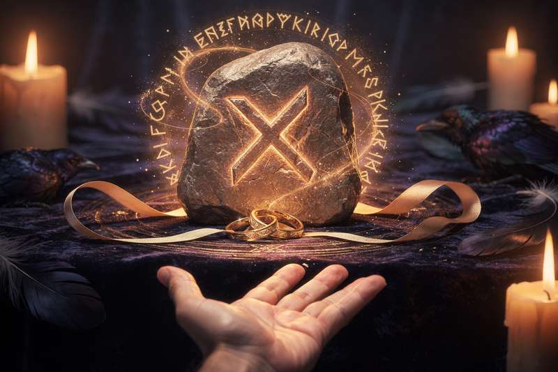 Gebo Rune Symbol neben Darstellung von zwei Händen beim gegenseitigen Geben als Zeichen für Partnerschaft und Austausch.