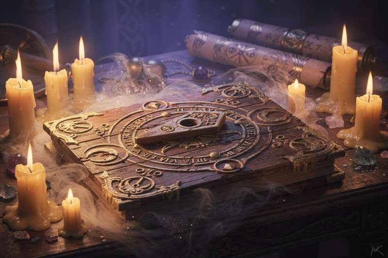 Klassisches Ouija-Board mit Zeiger und Buchstaben sowie Zahlen auf dunklem Hintergrund.