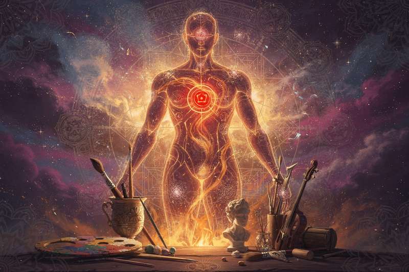 Grafische Darstellung des Sakral-Zentrums im Human Design System mit Symbolen für Energie, Vitalität und Lebenskraft.