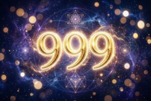Symbolische Darstellung der Engelszahl 999 mit leuchtenden Zahlen, die spirituelle Vollendung und den Übergang zu neuen...