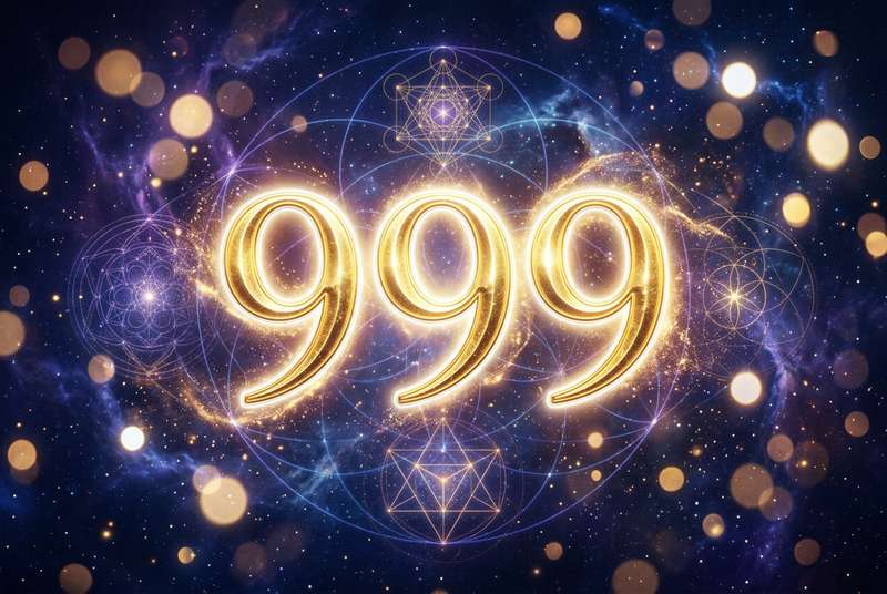 Symbolische Darstellung der Engelszahl 999 mit leuchtenden Zahlen, die spirituelle Vollendung und den Übergang zu neuen...