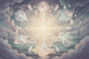 Farbiges Mandala mit leuchtenden spirituellen Symbolen und konzentrischen Mustern zur Veranschaulichung der Bedeutung heiliger...