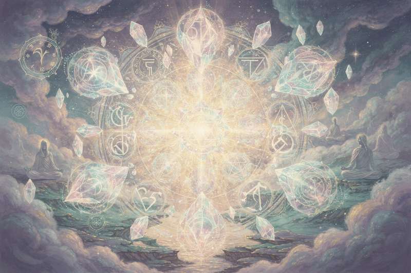 Farbiges Mandala mit leuchtenden spirituellen Symbolen und konzentrischen Mustern zur Veranschaulichung der Bedeutung heiliger...