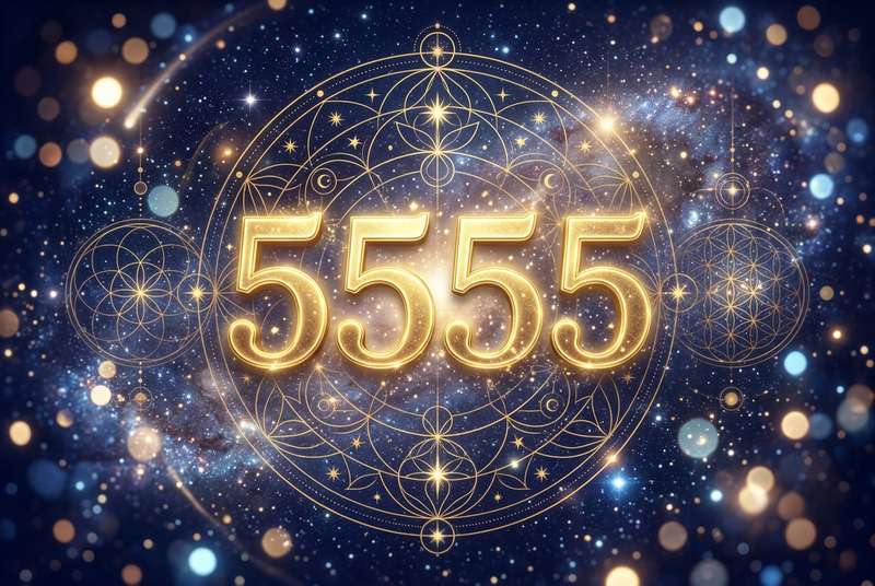 Symbolische Darstellung der Engelszahl 5555 mit leuchtenden Ziffern, die spirituelle Transformation und positiven Wandel in...