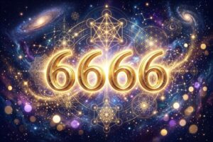 Vier goldene Sechsen leuchten auf mystischem violettem Hintergrund mit strahlendem Licht und energetischen Wellen.