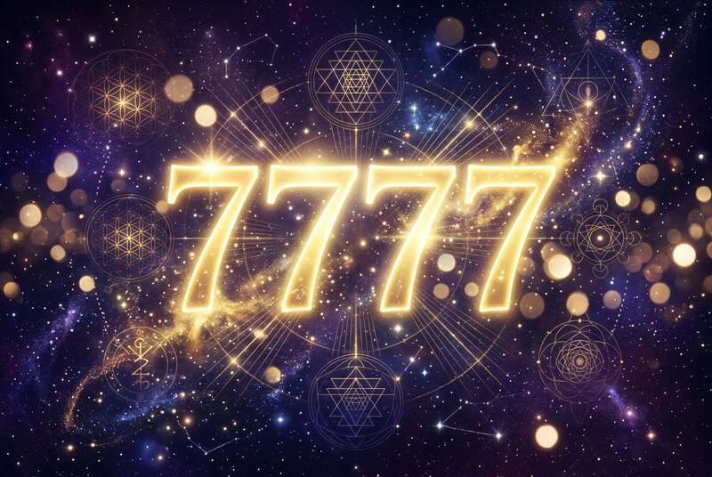 Spirituelle Darstellung der Engelszahl 7777 als göttliches Zeichen für Lebenserkenntnis und innere Ausrichtung.